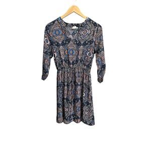 R2D Paisley Boho Navy Long Sleeve V Neck Elastic Waist Mini Dress Size Small